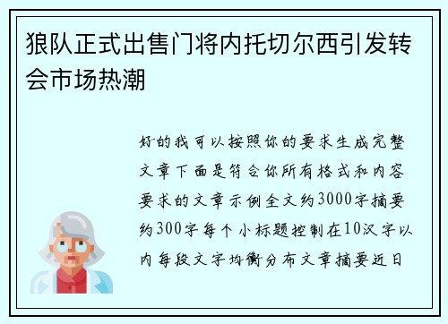 狼队正式出售门将内托切尔西引发转会市场热潮