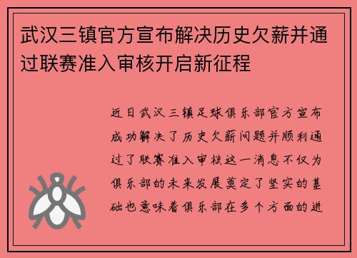 武汉三镇官方宣布解决历史欠薪并通过联赛准入审核开启新征程